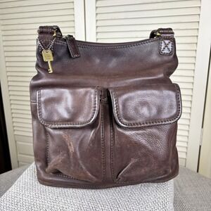 Vintage 90s One Key Fossil Brown Leather Shoulder Bag Boho Purse Gold Hardware